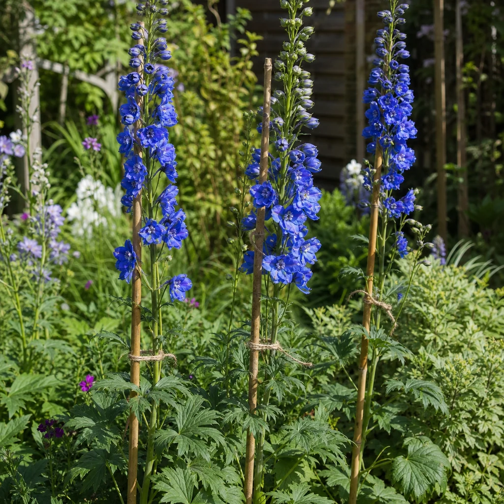Delphinium flower stems supported with bamboo stakes and soft garden twine