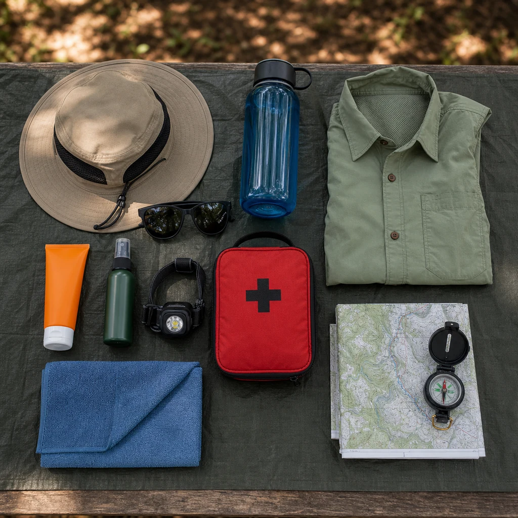 summer camping essentials with sunscreen hat sunglasses water bottle first aid kit and map