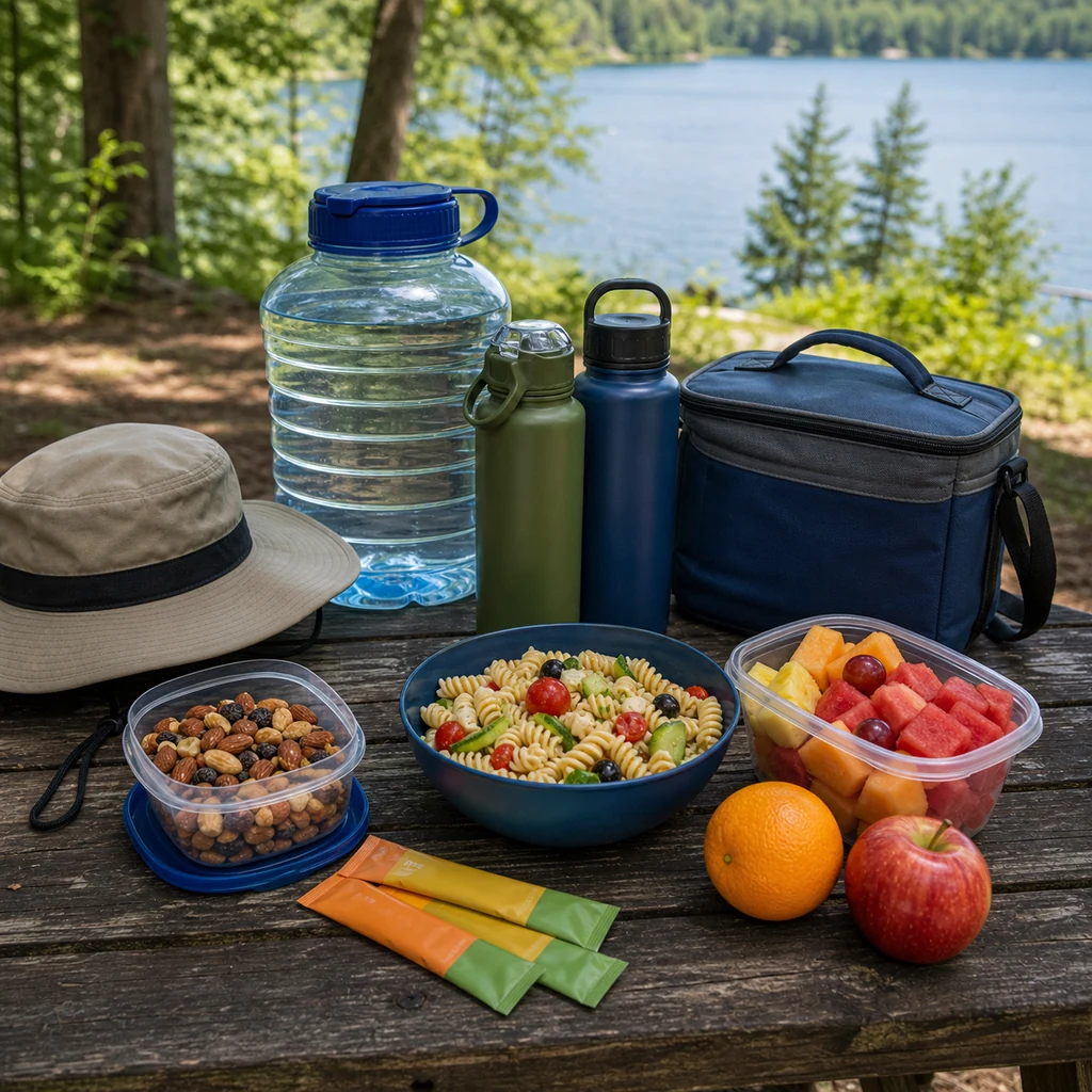summer camping hydration and light meals with water bottles fruit pasta salad and cooler