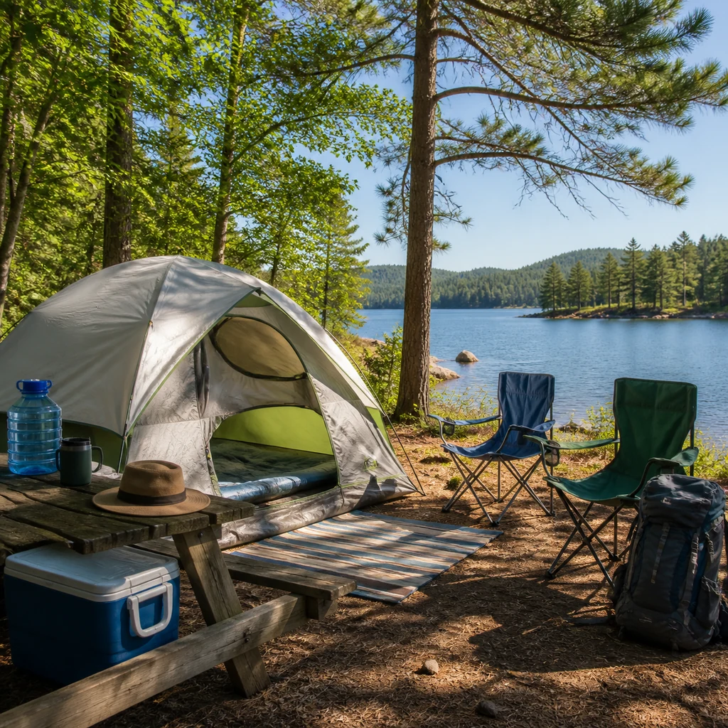 summer camping setup with shaded tent lake cooler water jug and camp chairs