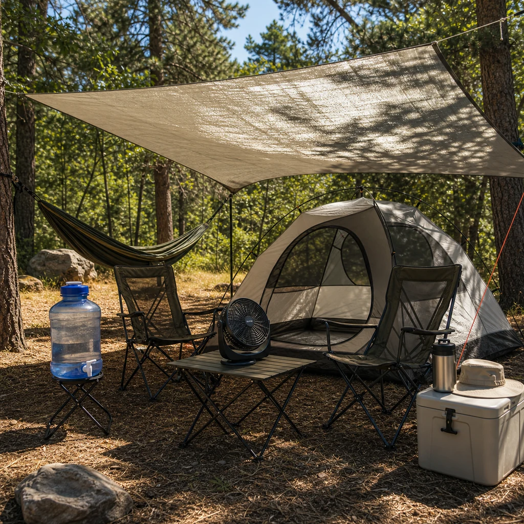 summer campsite shade setup with tarp hammock water jug cooler and breathable tent