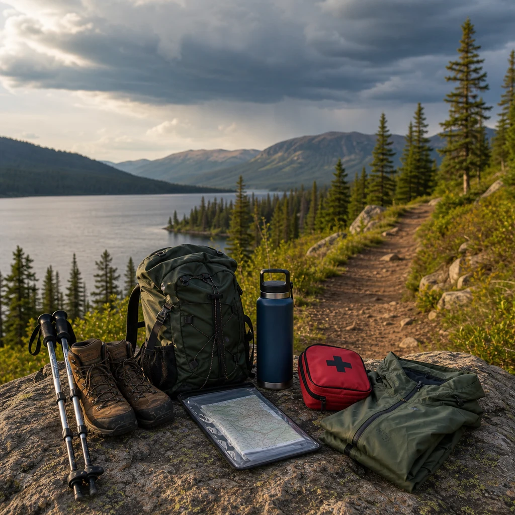 summer camping trail safety gear with map rain jacket water bottle first aid kit and hiking boots
