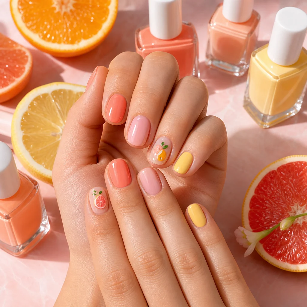Summer sorbet nail art with peach, coral, butter yellow, sheer pink, and tiny fruit accents