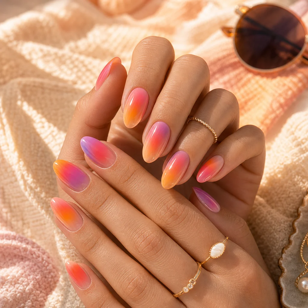 Sunset aura summer vacation nails with pink, orange, lavender, and coral gradient manicure