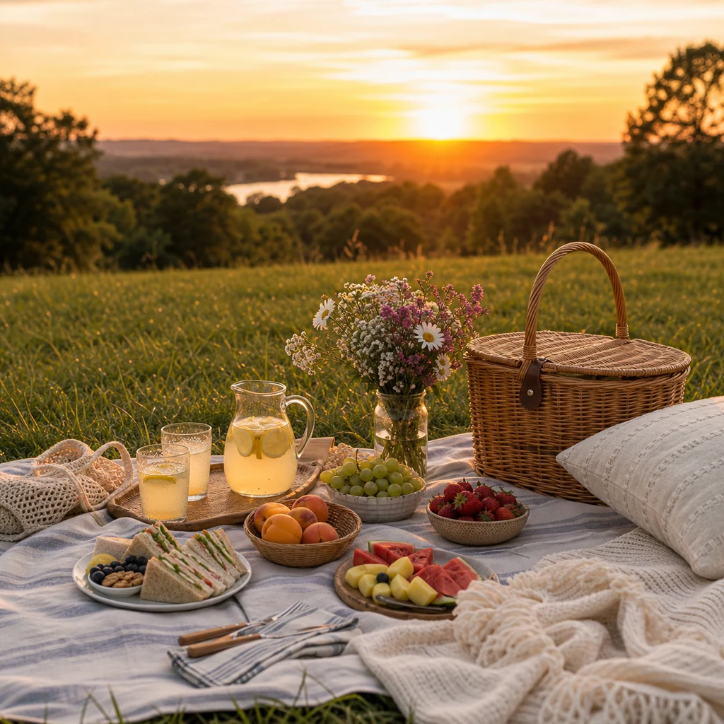 Sunset picnic setup with blanket, basket, fruit, lemonade, sandwiches, flowers, and reusable cups in a summer park