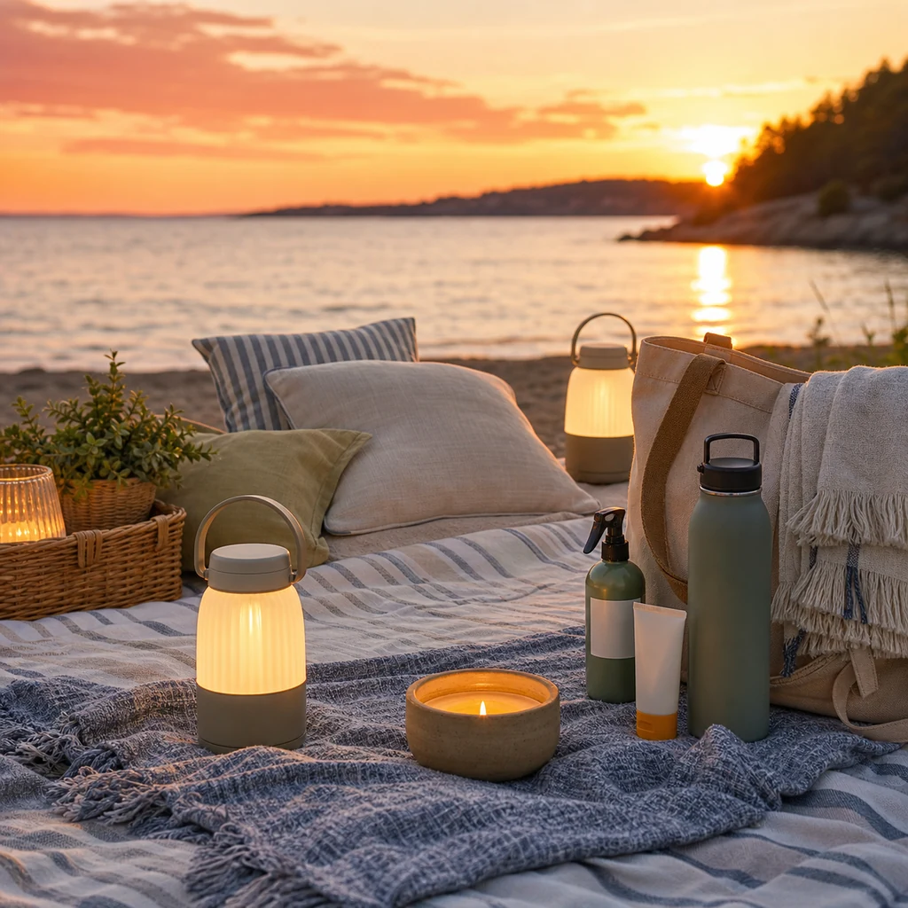Cozy sunset picnic comfort setup with layered blankets, cushions, lanterns, tote bag, sunscreen, and water bottle
