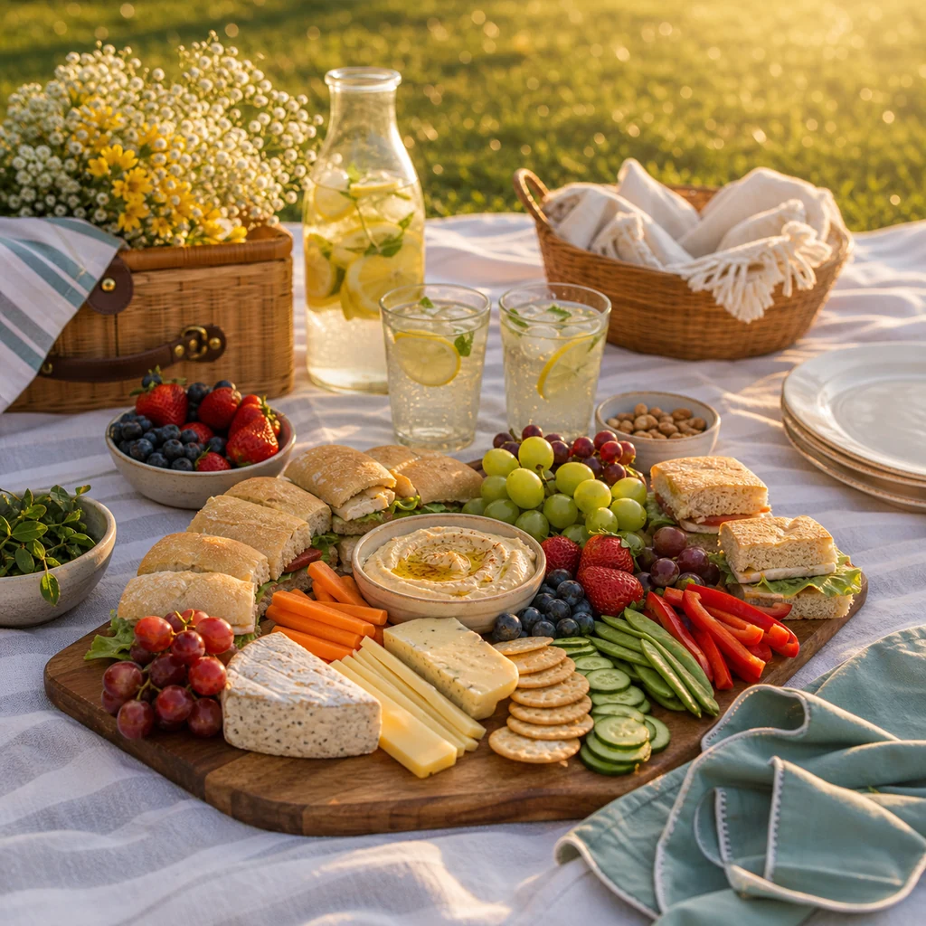 Easy sunset picnic food board with cheese, crackers, fruit, vegetables, hummus, mini sandwiches, and lemonade