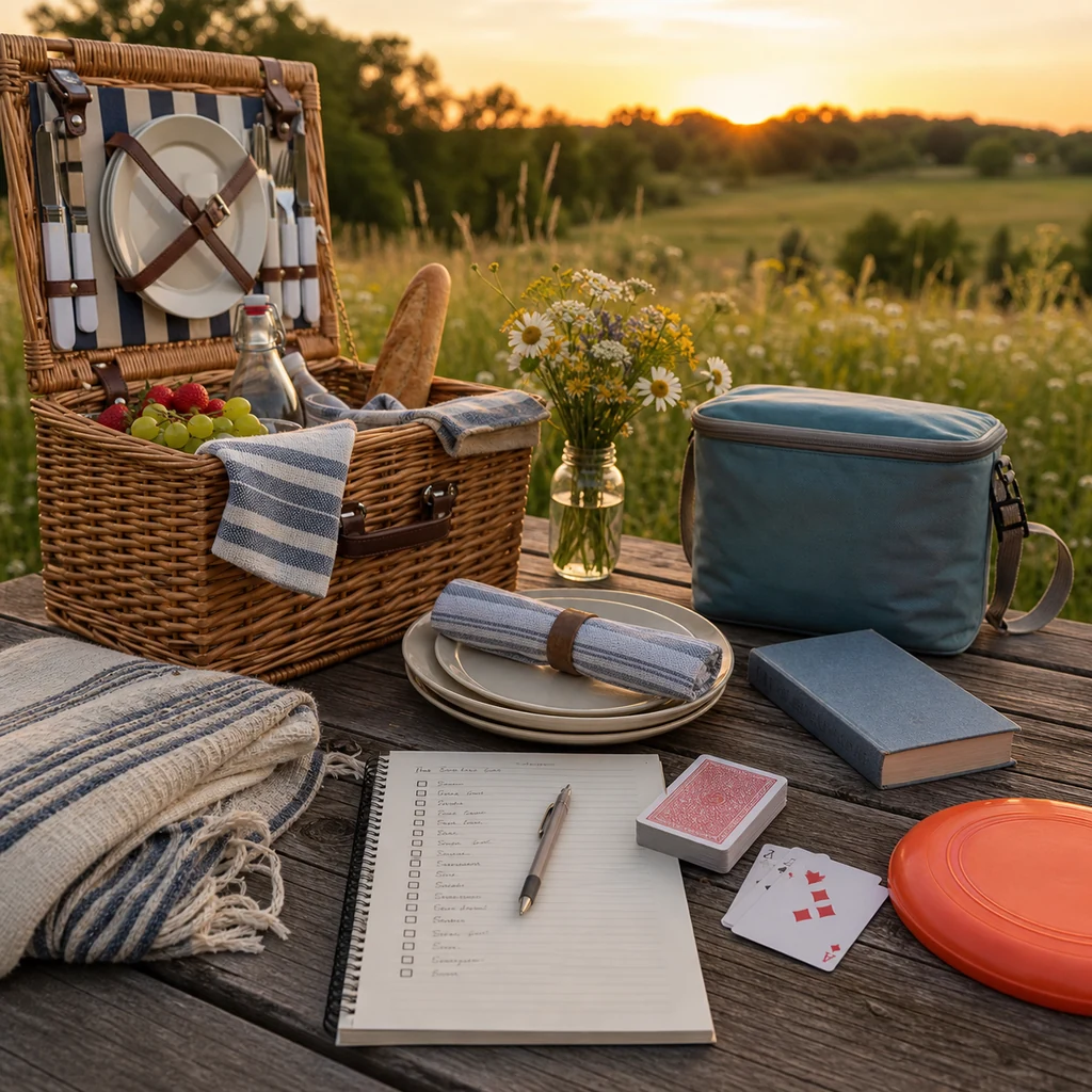 Sunset picnic planning items with packed basket, folded blanket, reusable plates, napkins, book, games, cooler, and notebook