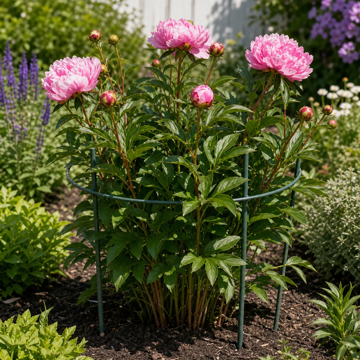 Established peonies supported in a sunny perennial border
