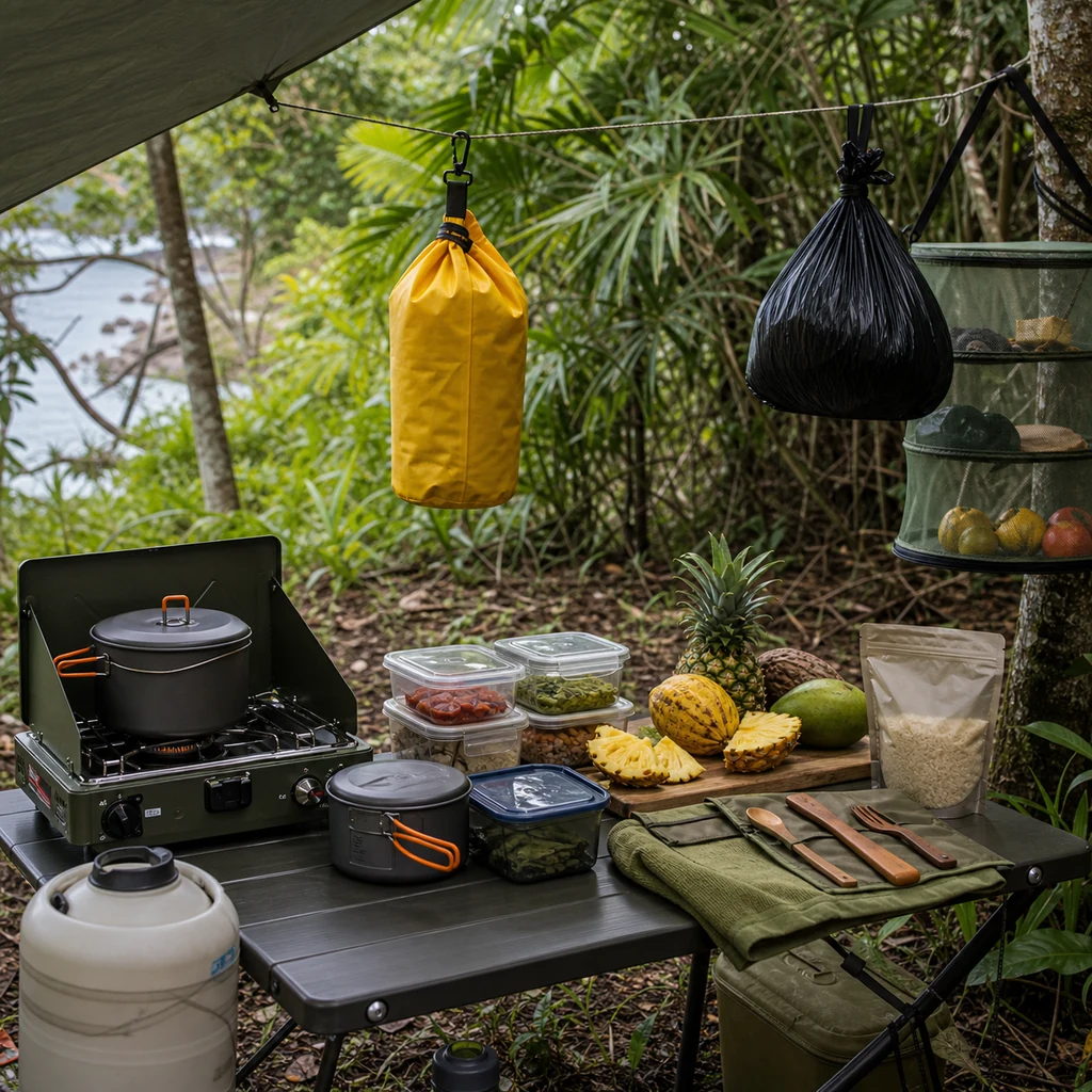 Wildlife safe tropical camping cooking setup with portable stove, sealed food containers, dry bag, utensils, and elevated trash bag