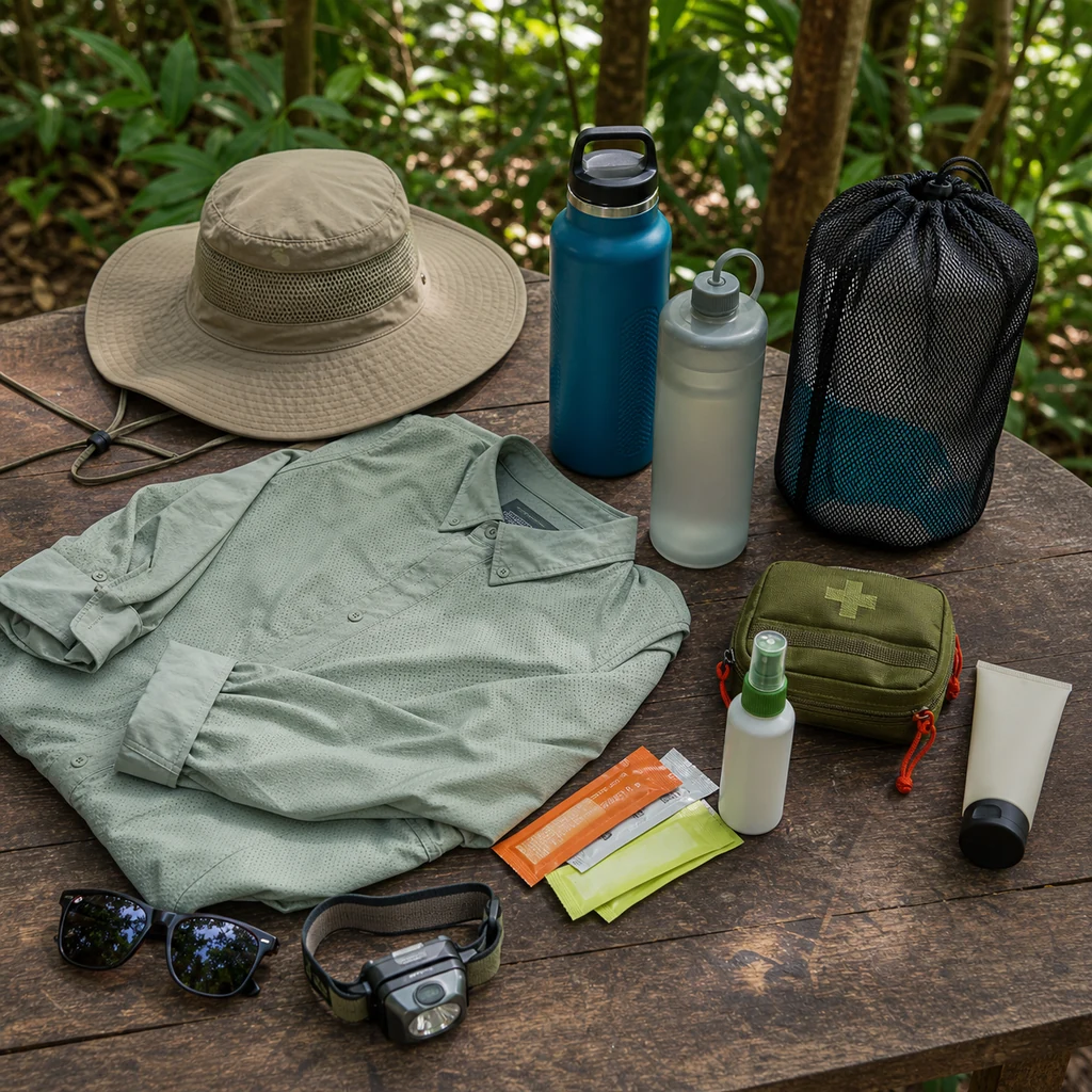 Tropical camping heat and humidity essentials including hat, breathable shirt, water bottles, sunscreen, insect repellent, and first aid kit