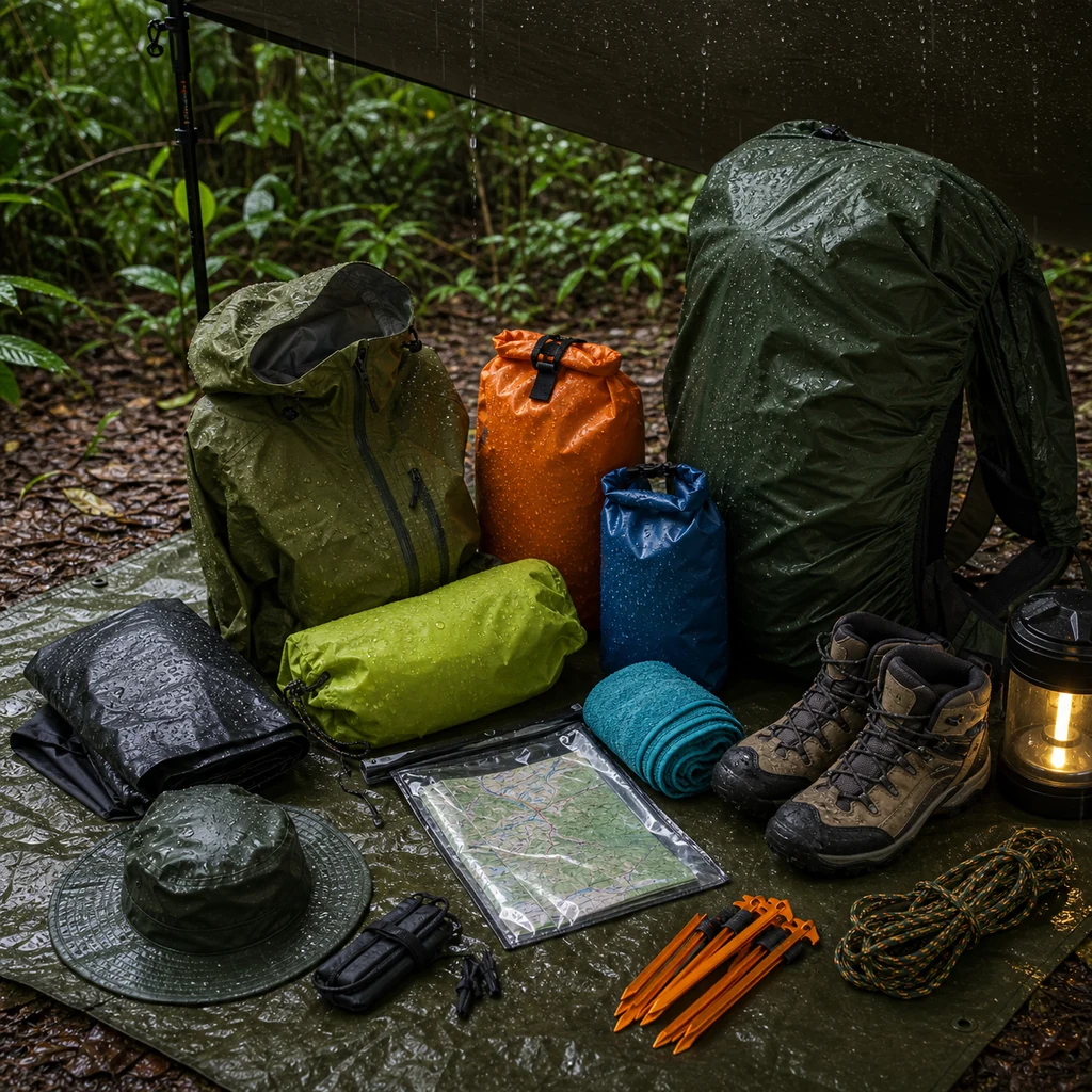 Tropical camping rain gear with poncho, waterproof jacket, dry bags, rain cover, boots, rope, and quick dry towel