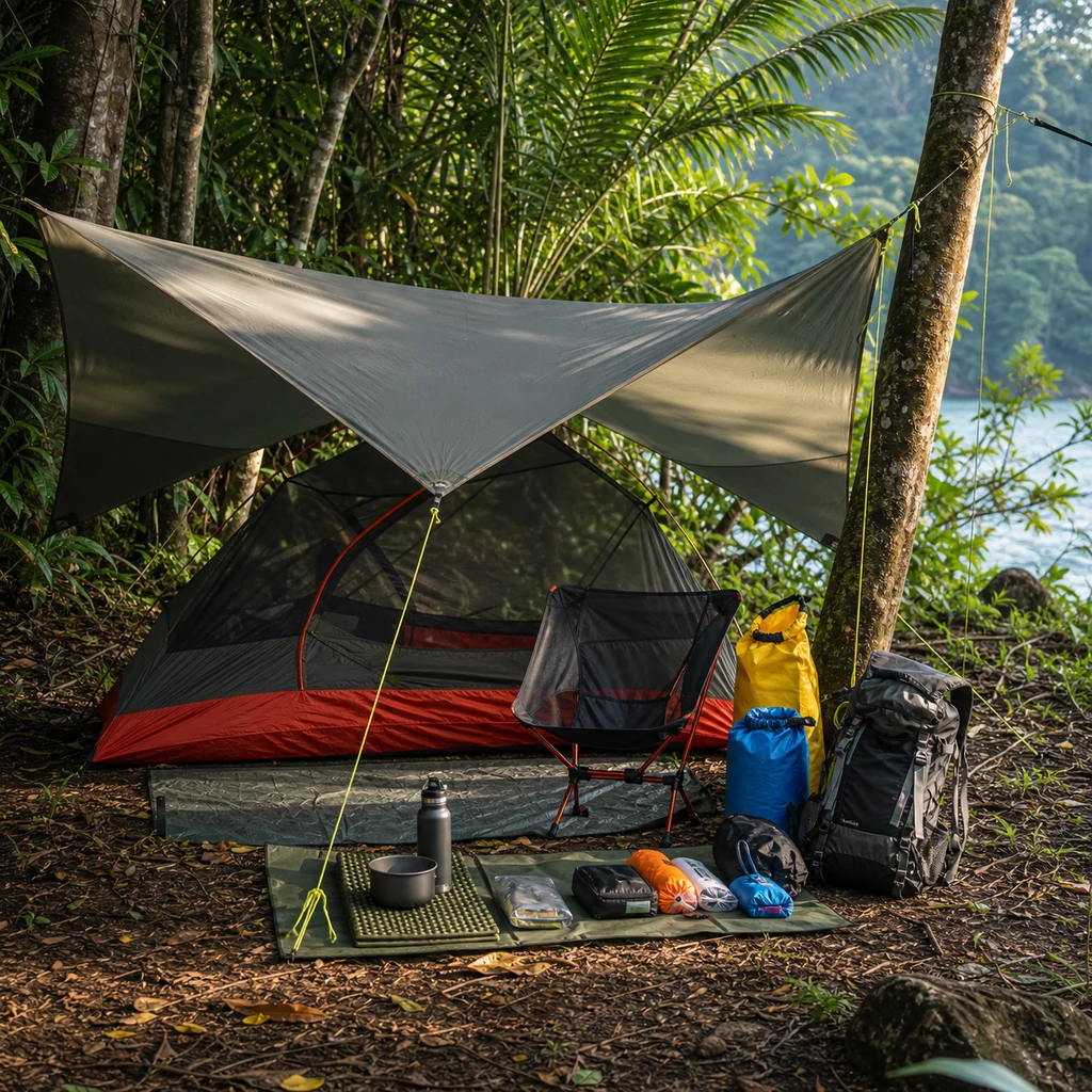 Tropical campsite with lightweight tent under a tarp, dry bags, groundsheet, and organized backpacking gear