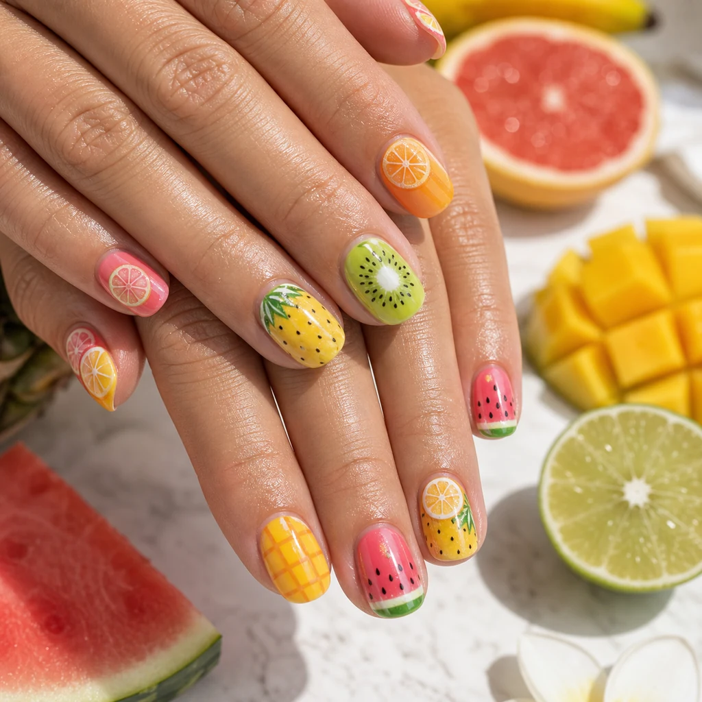 Tropical fruit nail art designs with citrus watermelon pineapple and mango colors