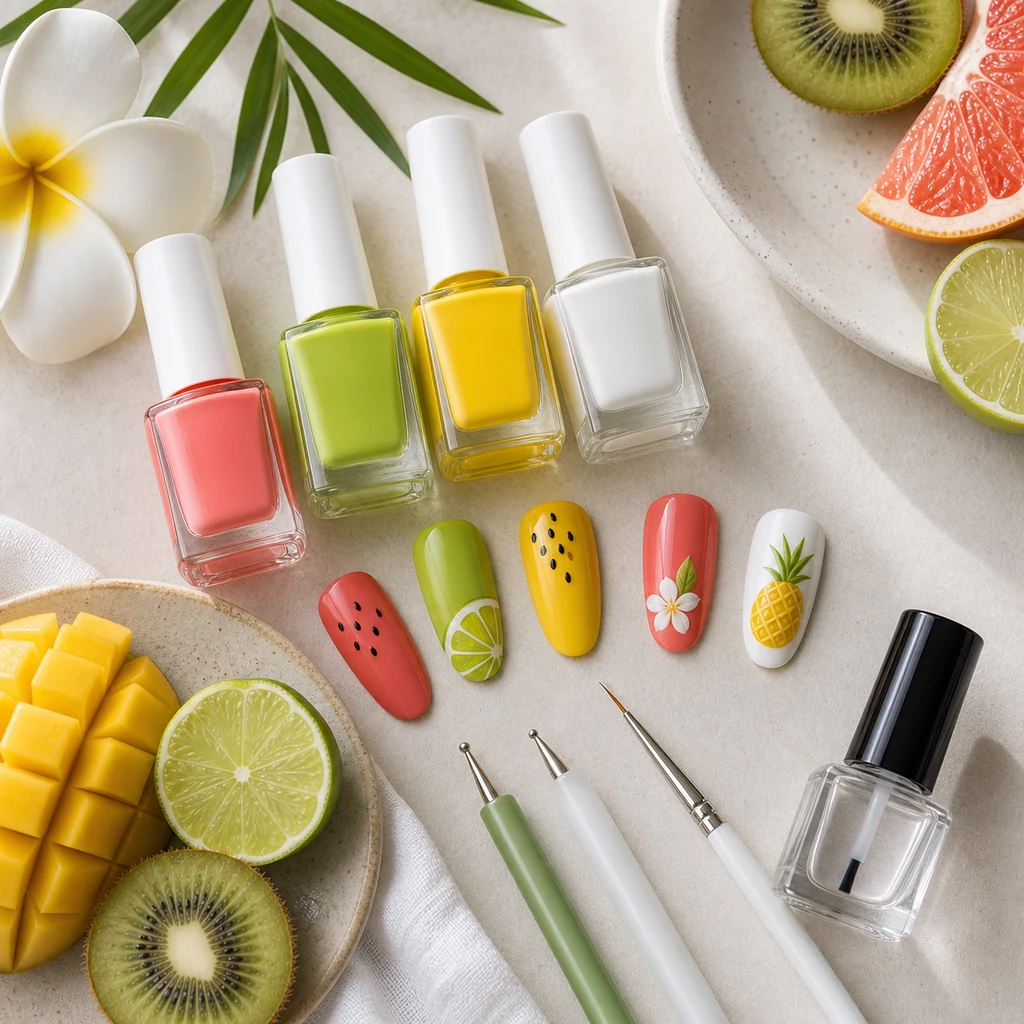 Tropical fruit nail polish colors and nail art tools on a summer beauty table