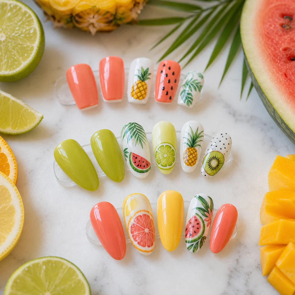 Tropical fruit nail designs on short square almond and oval nail shapes