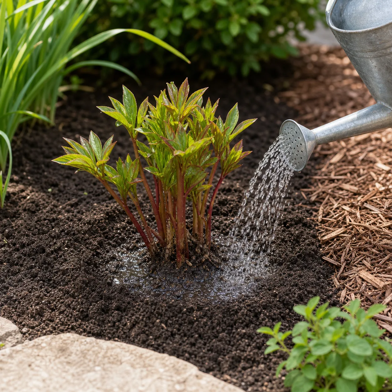 Watering a newly planted peony in well-drained garden soil