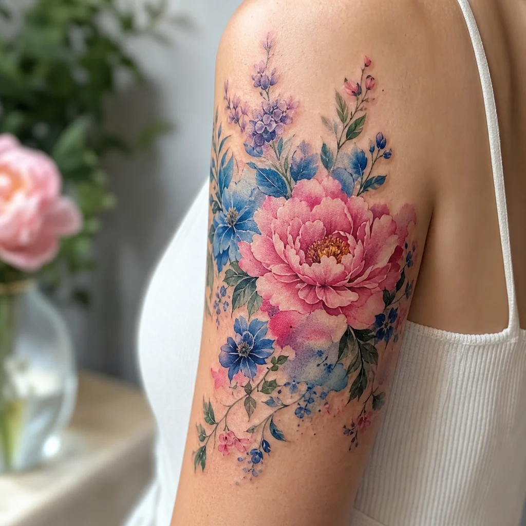 Watercolor flower tattoo on shoulder with pink peony, blue wildflowers, and soft green leaves