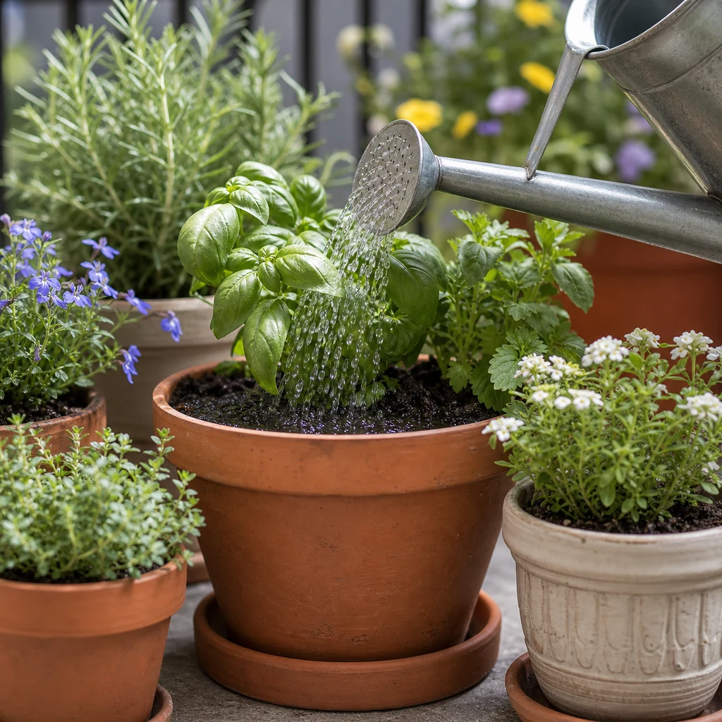 Watering container plants at soil level with a small watering can