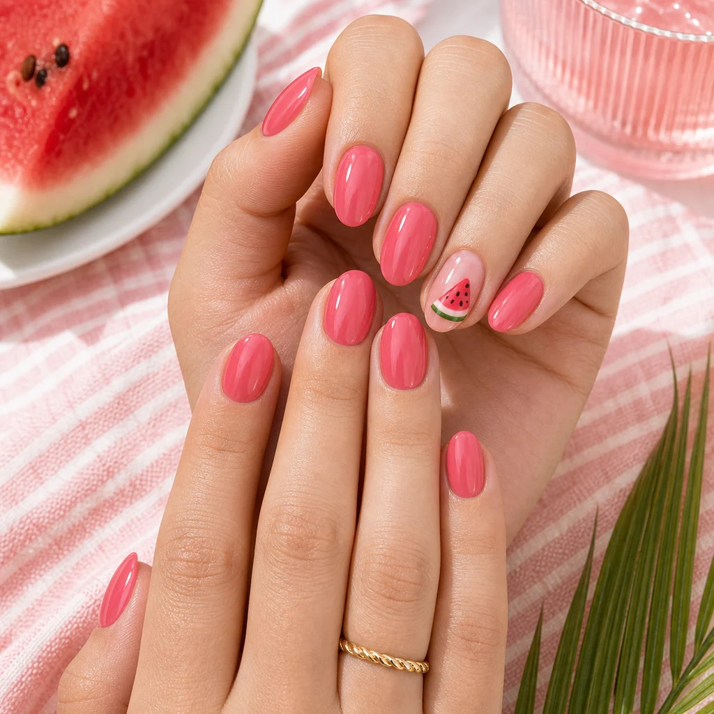 Watermelon pink summer nails with glossy manicure and tiny fruit accent