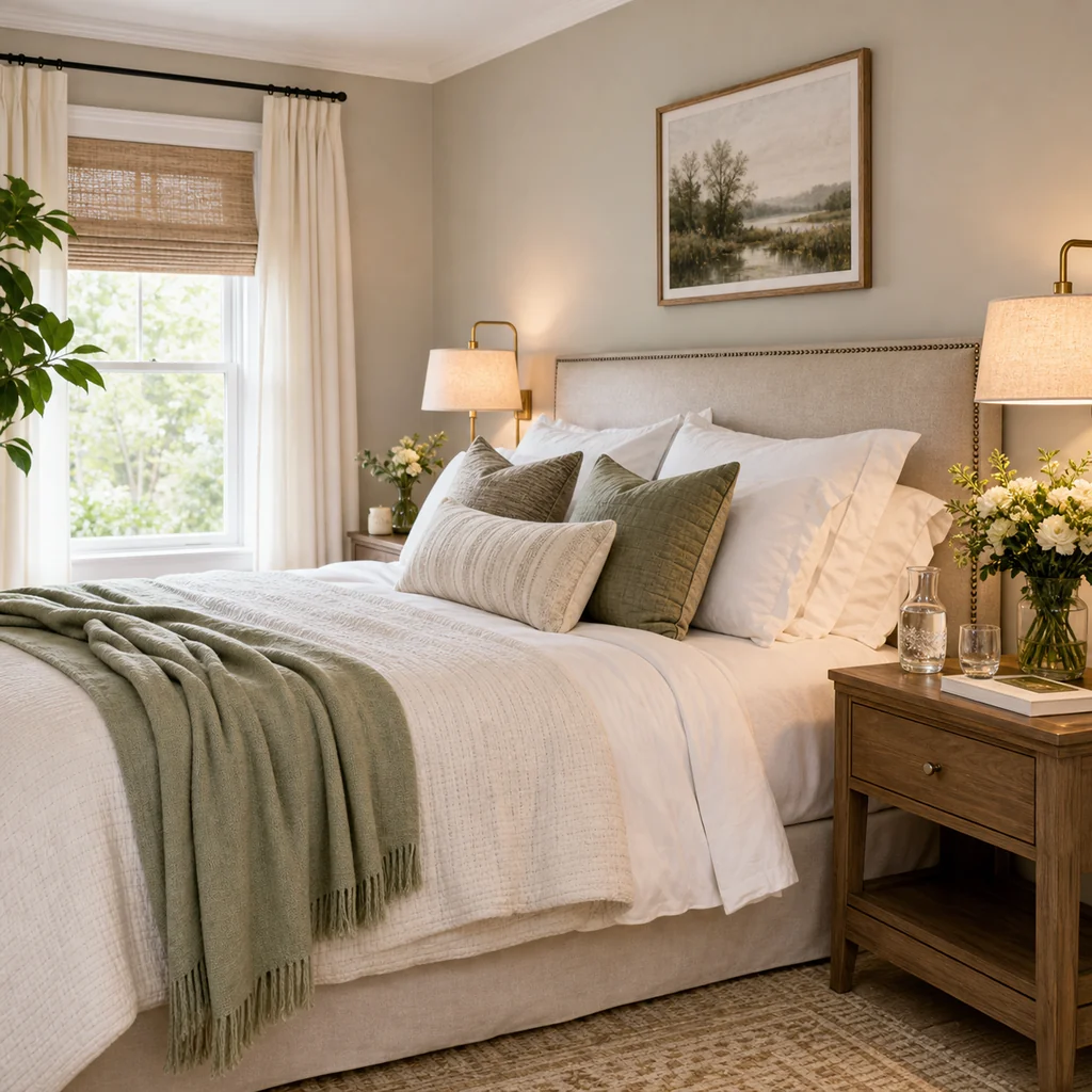 Welcoming guest bedroom with layered white bedding, warm lamps, flowers, and a cozy nightstand