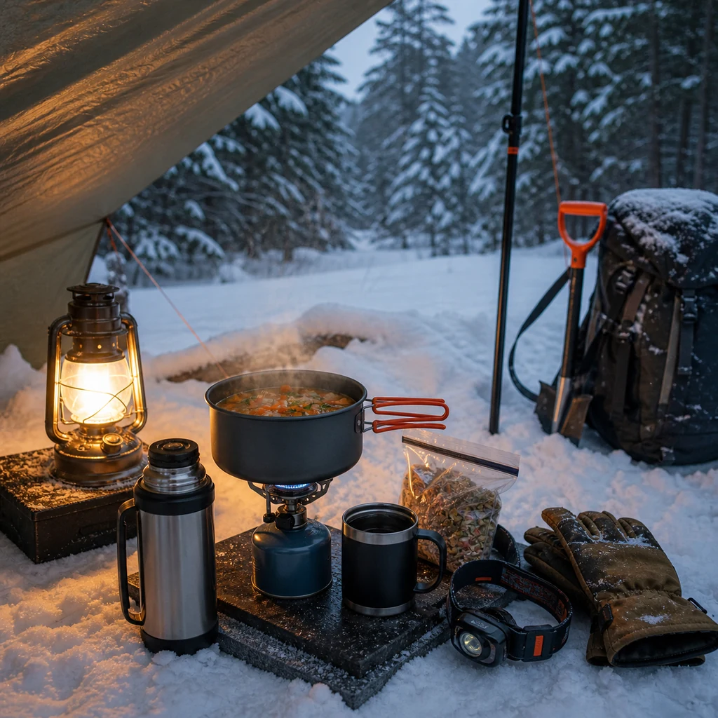 winter camping cooking setup with stove warm meal thermos gloves and snowy campsite