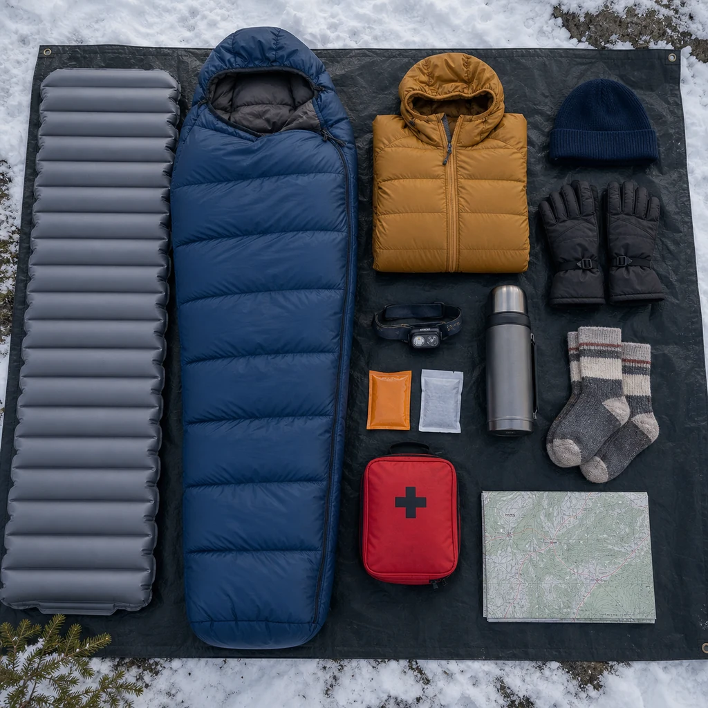 winter camping gear with insulated sleeping bag pad gloves thermos and first aid kit
