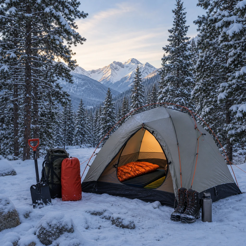 winter camping setup with four season tent insulated gear and snowy forest