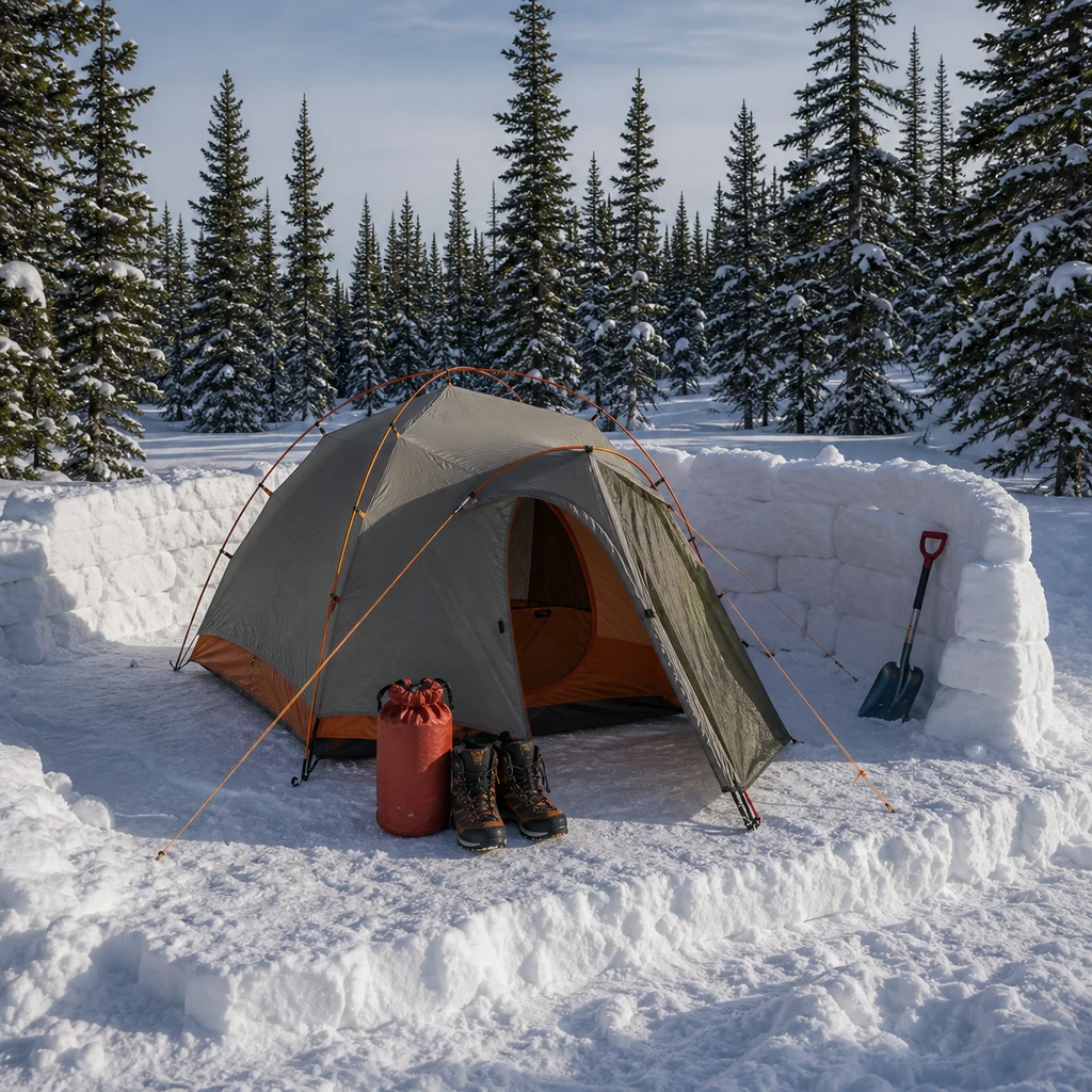 winter camping tent on packed snow platform with snow wall windbreak and secured guylines