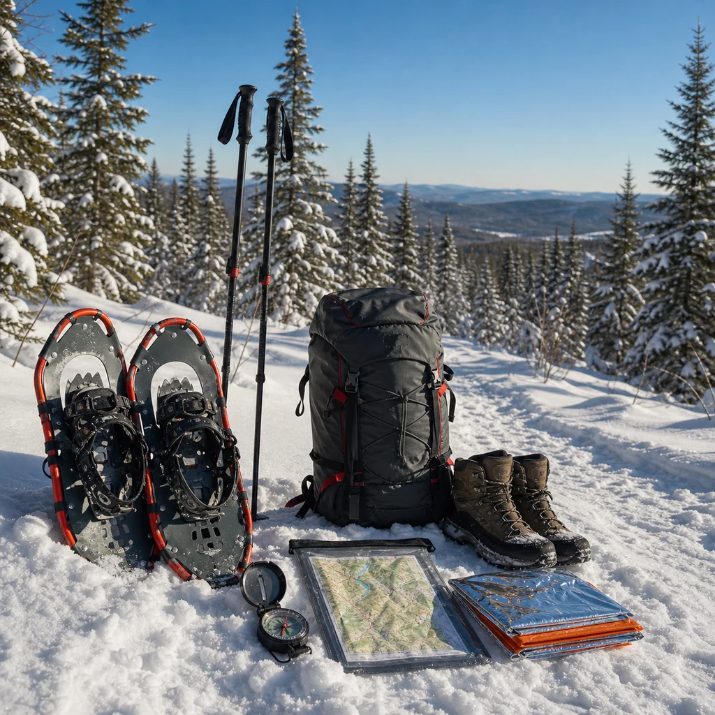 winter camping trail safety gear with snowshoes trekking poles map compass and emergency blanket
