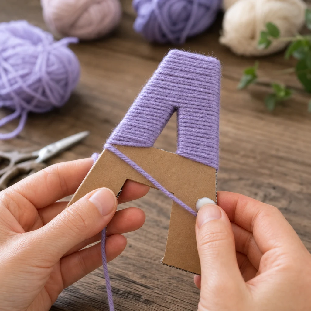 Hands wrapping lavender yarn around a cardboard craft letter