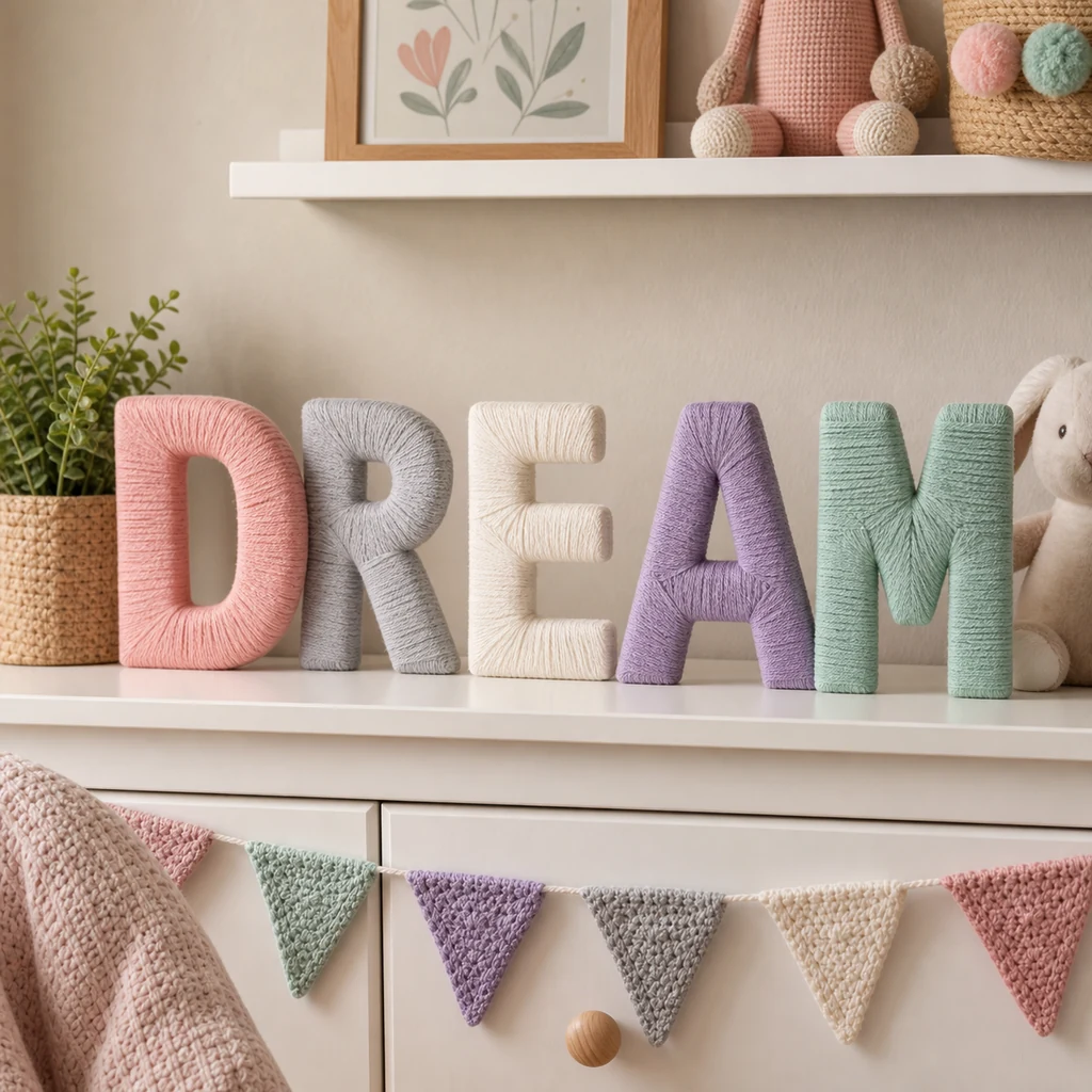 Yarn wrapped letters displayed on a cozy home decor shelf
