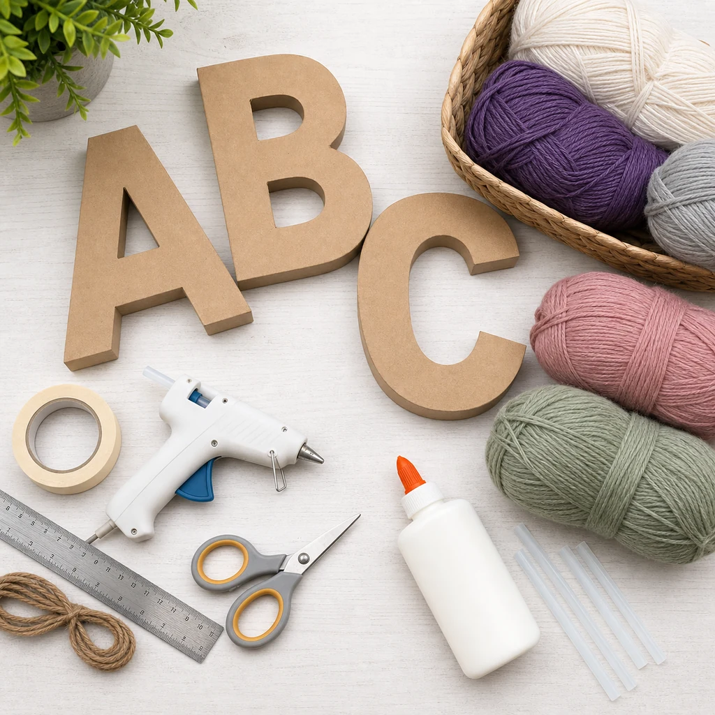 Supplies for DIY yarn wrapped letters including cardboard letters yarn scissors glue and ruler