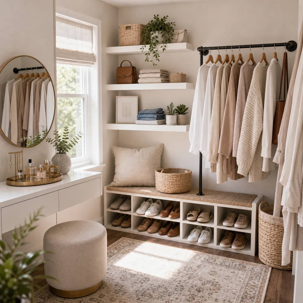 small dressing room corner with clothing rail mirror and shelves