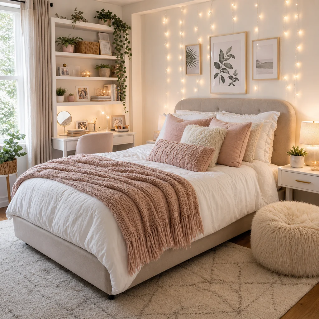 soft neutral teen girls bedroom with cozy bedding and study corner