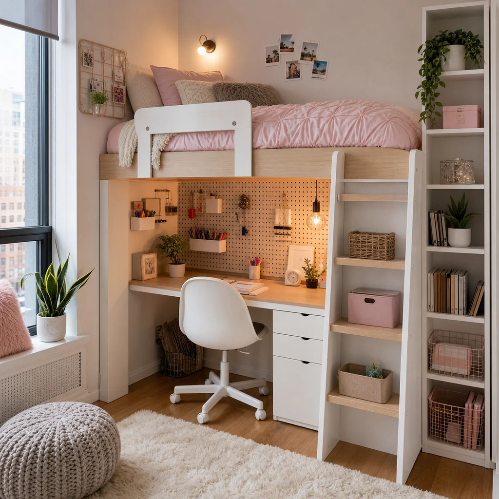 small teen girls bedroom with loft bed and desk underneath