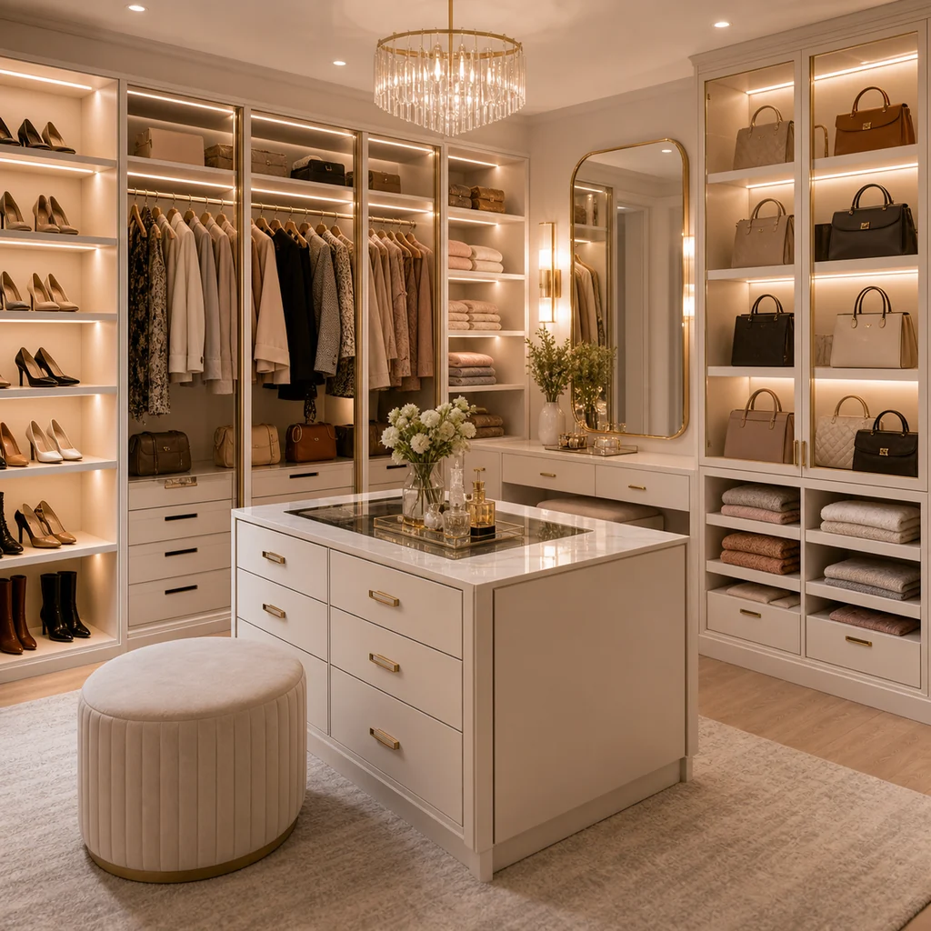 modern walk-in dressing room with wardrobes shelves and warm lighting