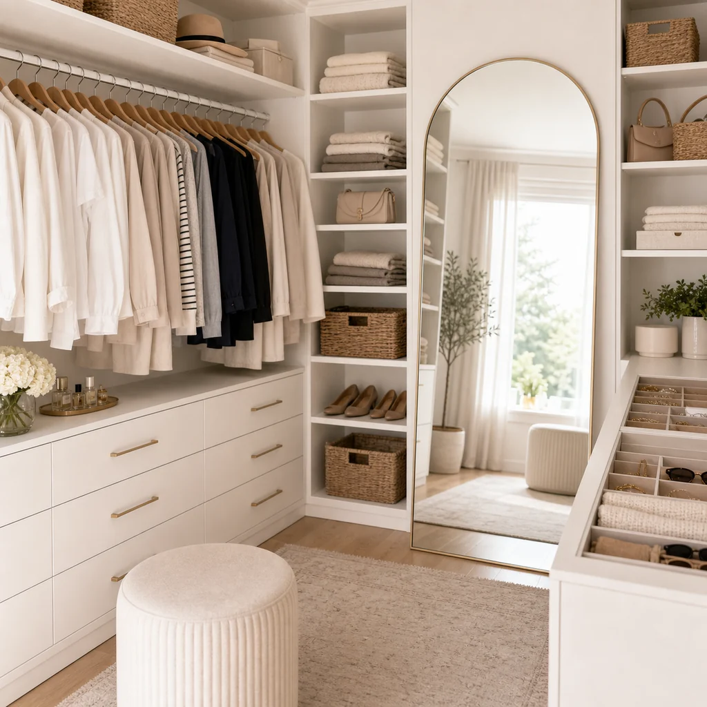 luxury dressing room with wardrobe island glass cabinets and shoe shelves