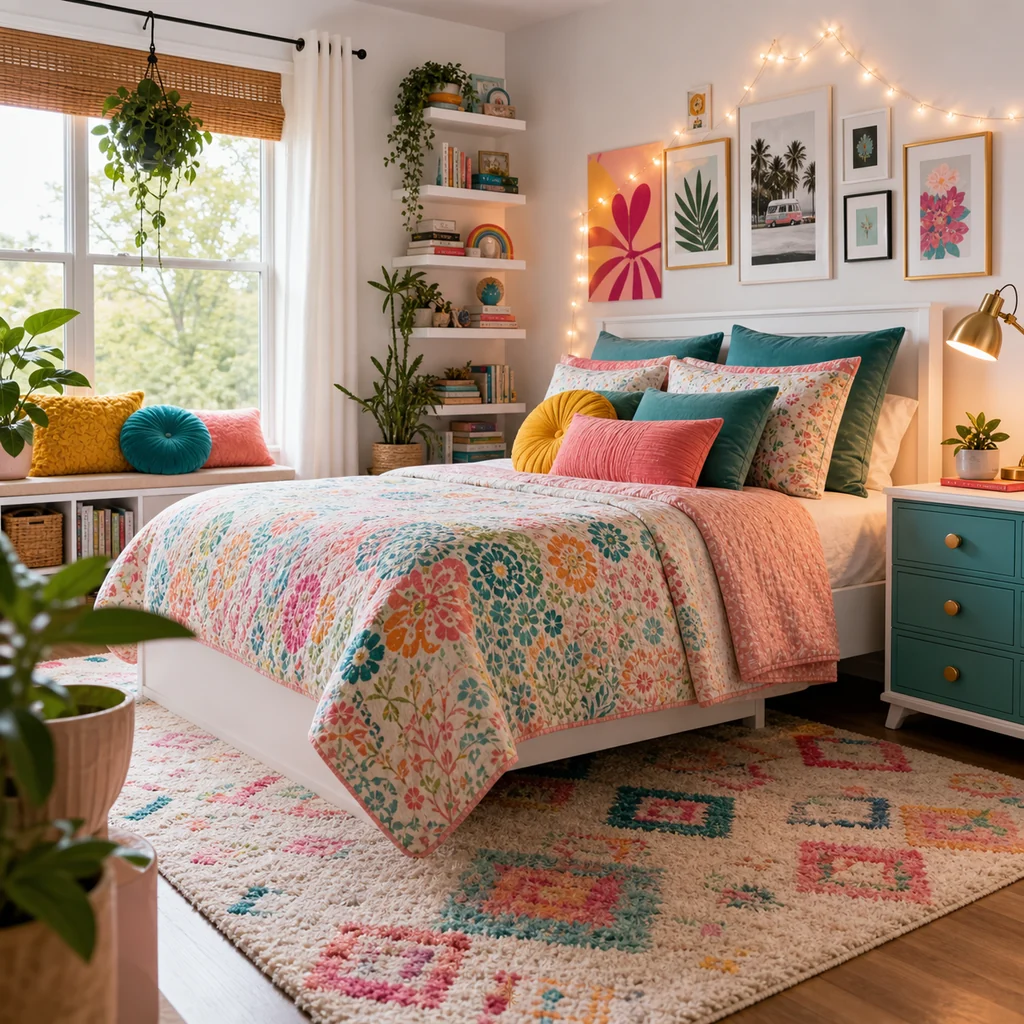 colorful teen girls bedroom with bright bedding and cheerful decor
