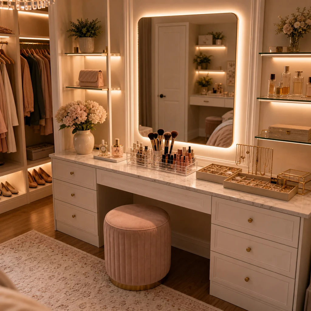minimal white dressing room with capsule wardrobe and arched mirror