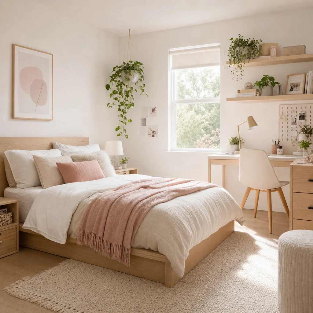 minimal Scandinavian teen girls bedroom with light wood furniture