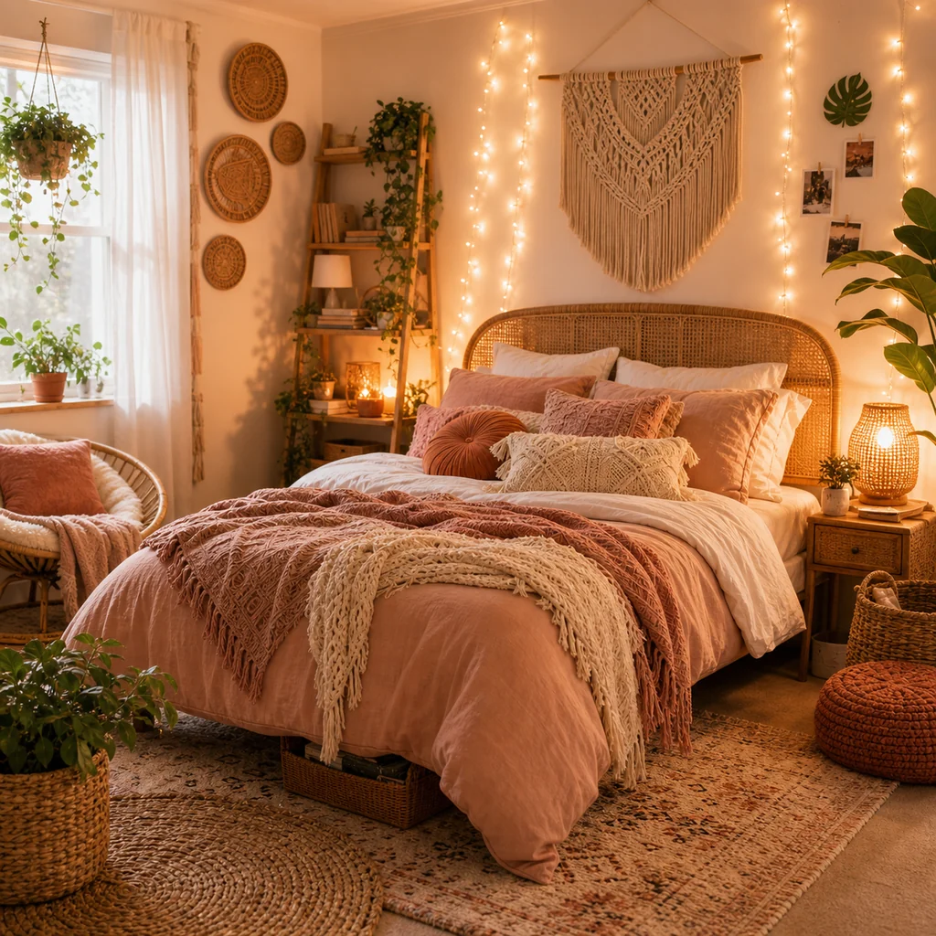 boho teen girls bedroom with rattan headboard and woven textures