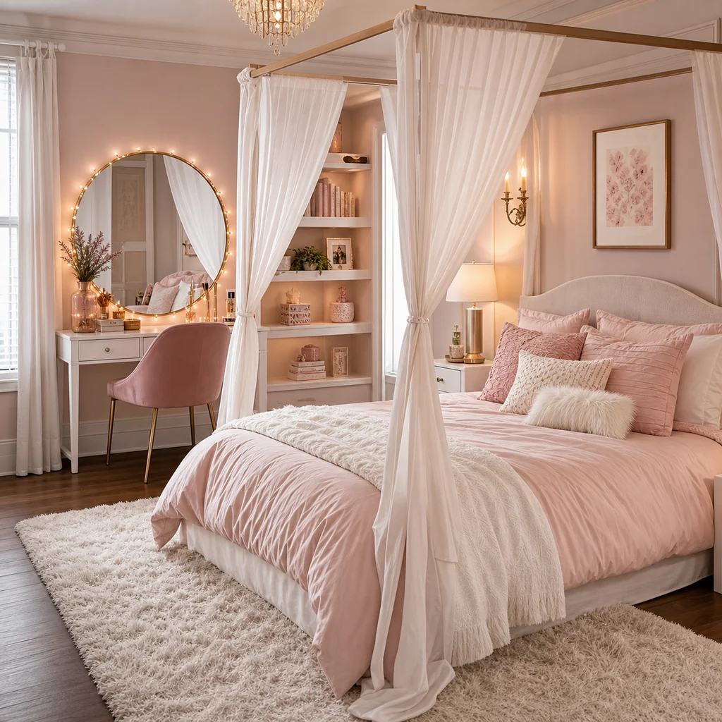 blush pink teen girls bedroom with canopy curtains and soft decor
