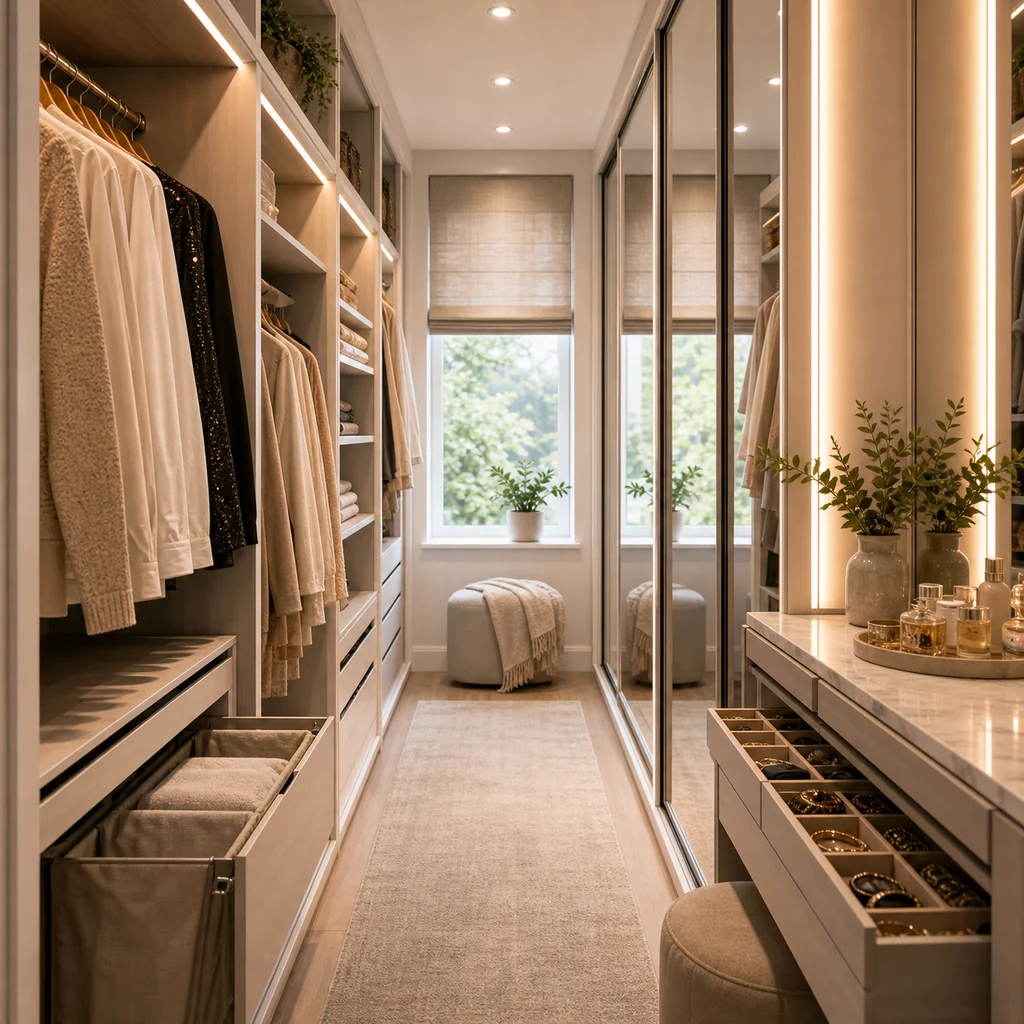 dressing room shoe wall with angled shelves handbags mirror and bench