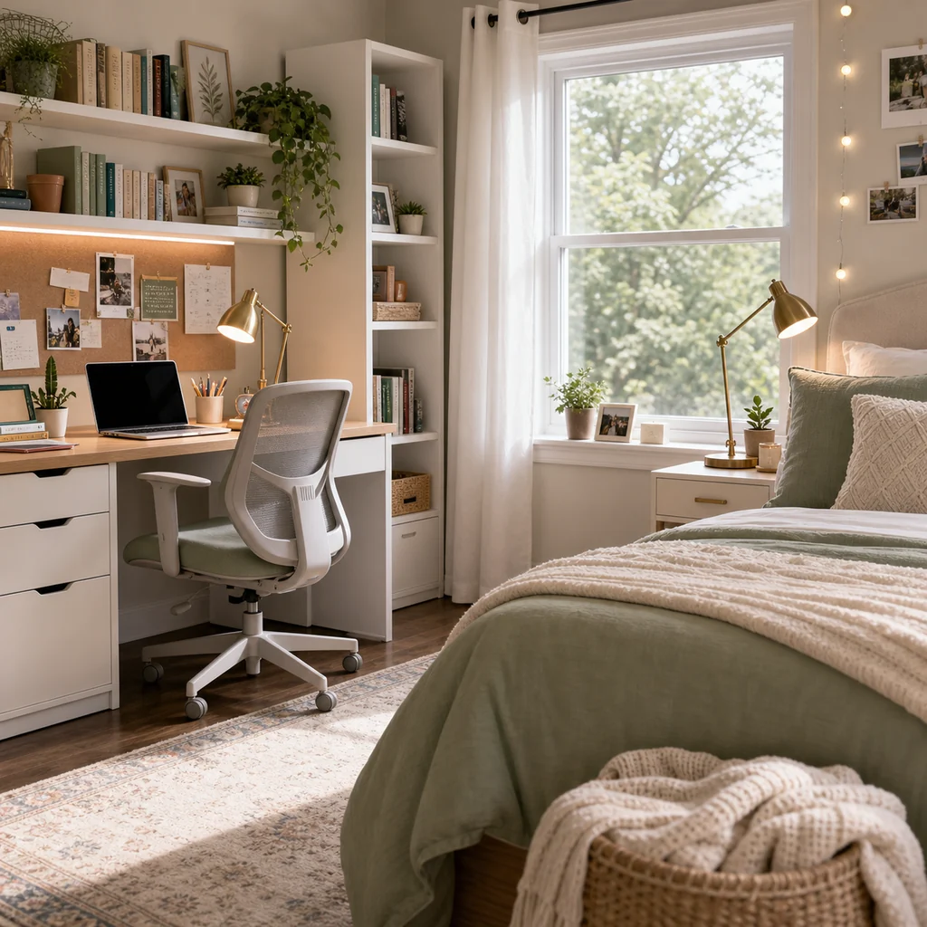 teen girls bedroom with organized study desk and sage green accents