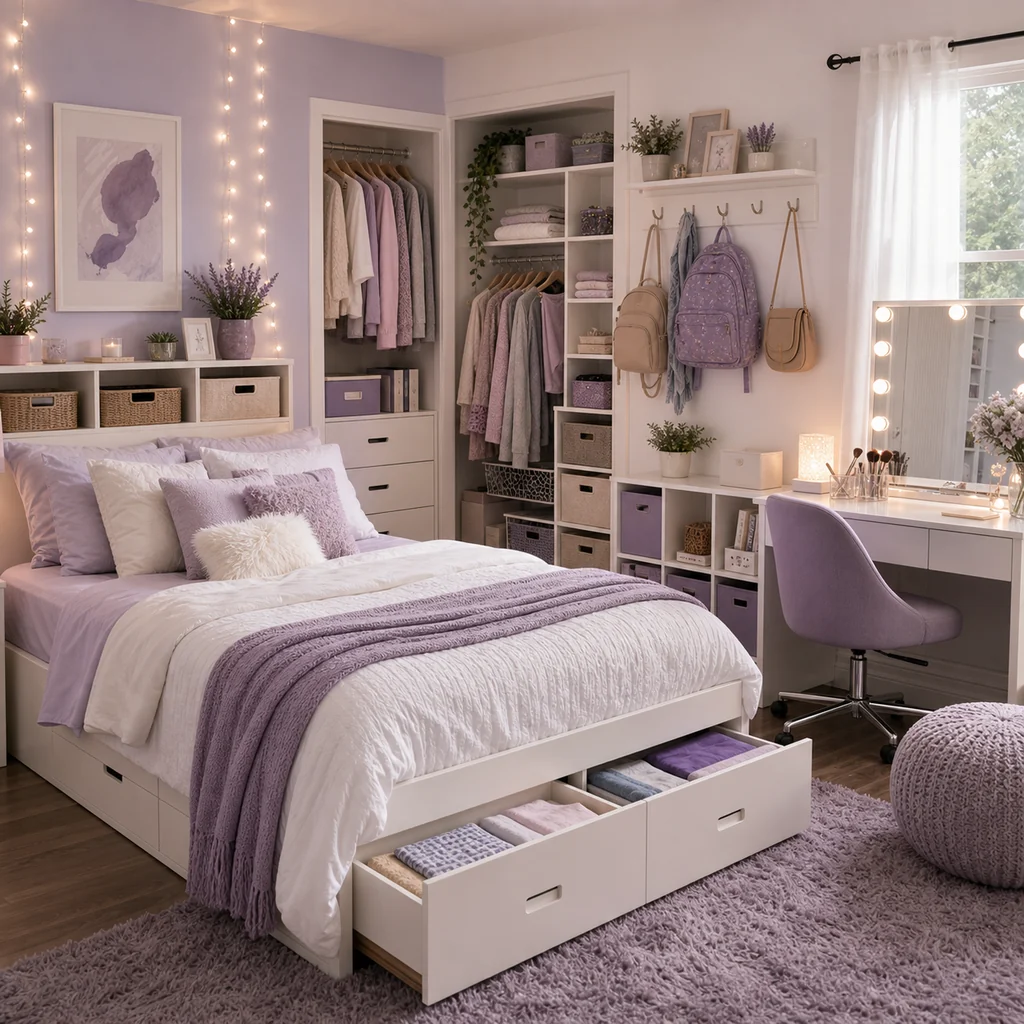teen girls bedroom with storage bed drawers and organized shelves