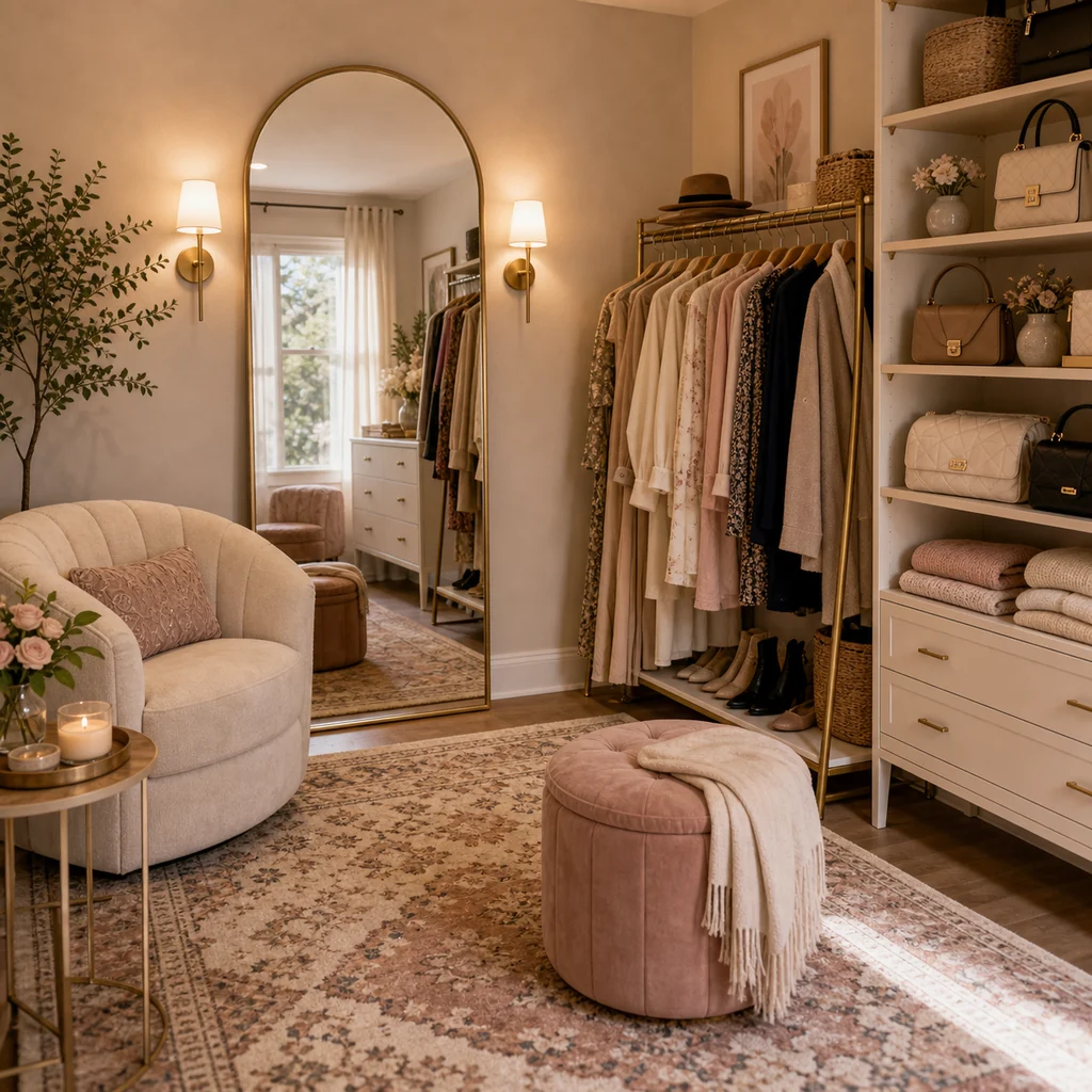 open wardrobe with clothes grouped by color matching hangers and storage bins