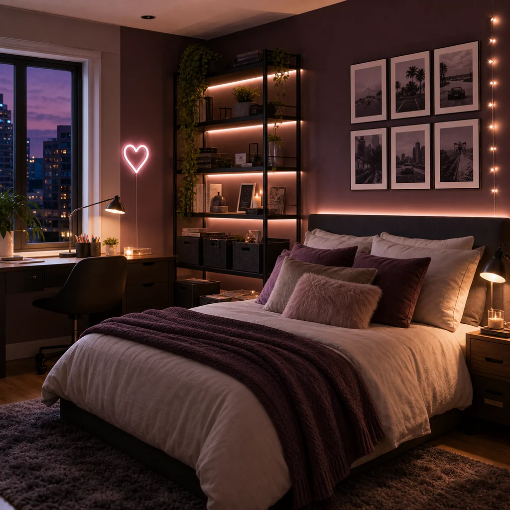 moody modern teen girls bedroom with plum accent wall and warm lighting