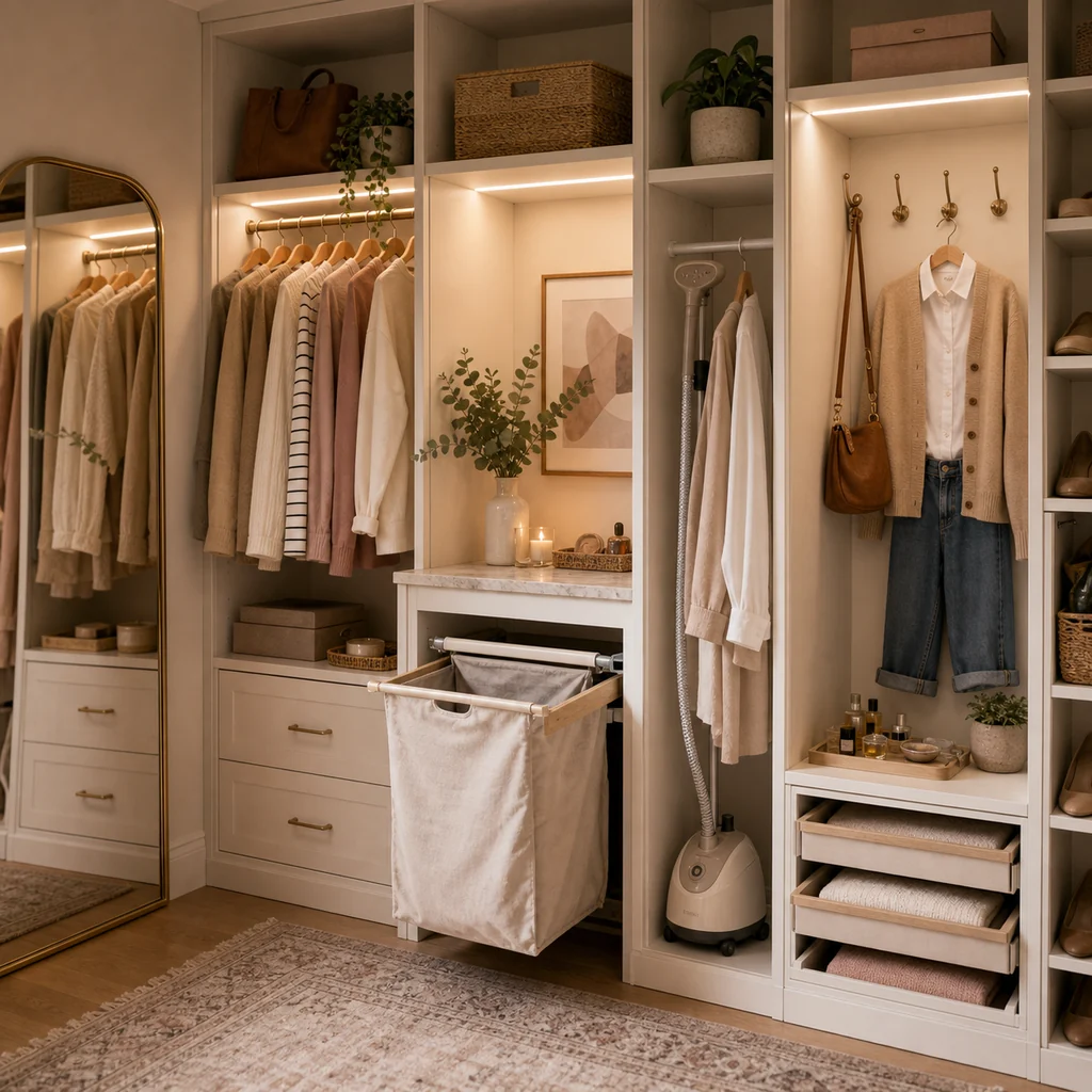 boutique style dressing room with arched mirror clothing rack chair and shelves