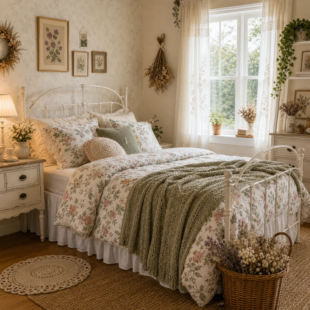 cottagecore teen girls bedroom with floral bedding and vintage furniture